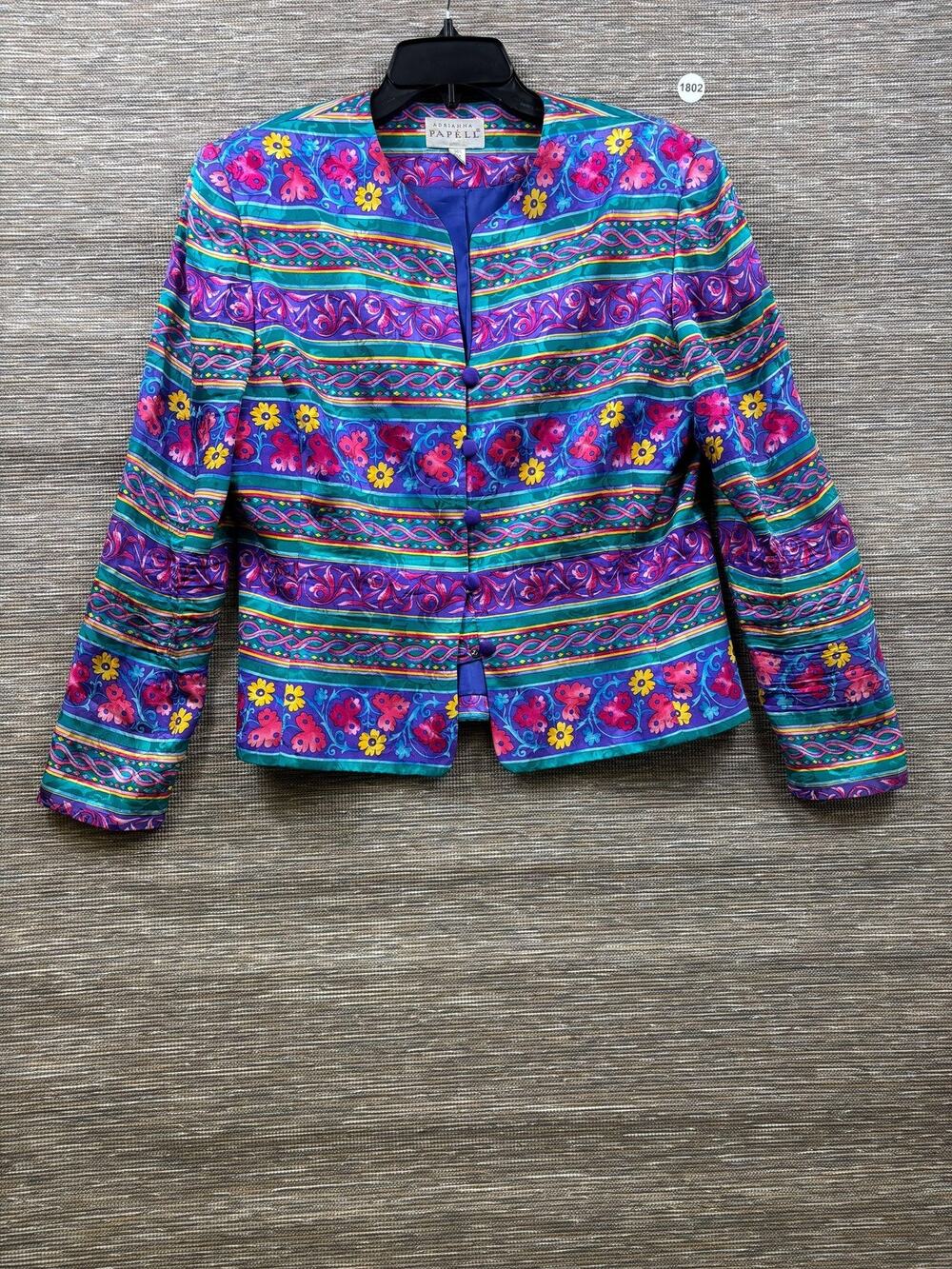 Adrianna Papell 100% Silk Blazer Jacket Womens Size 12 Colorful Floral Striped